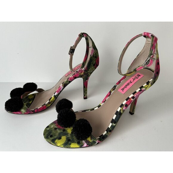 Betsey Johnson Shoes - Betsey Johnson Lylly Puff Ankle Strap Sandals Size 7.5 Pom Pom Stiletto Heels